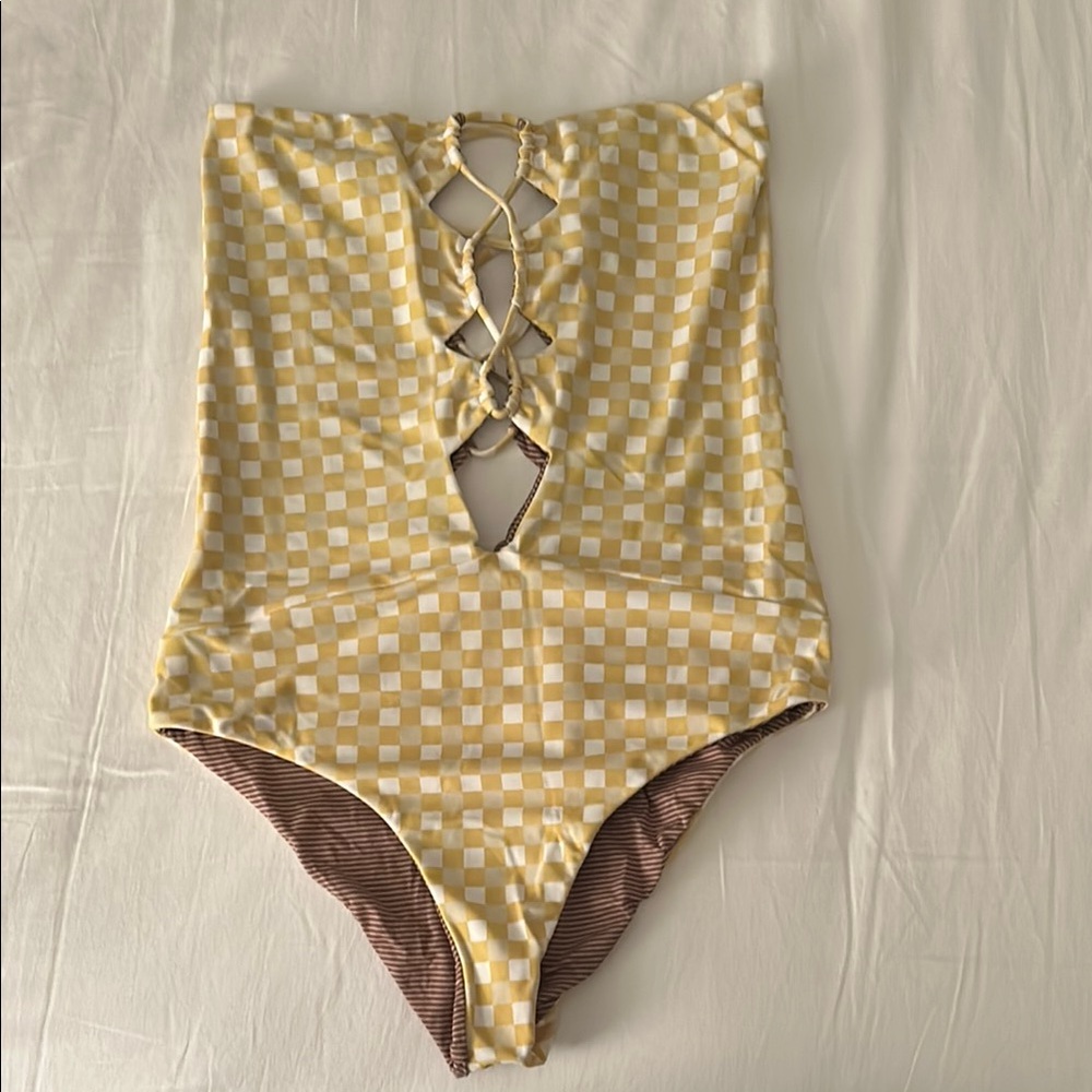 Acacia Swimwear Yellow and Brown One Piece with Criss-Cross Detail